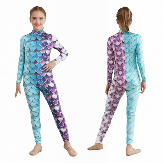 iiniim Kids Girls Stretchy Full Length Long Sleeve Unitard Bodysuit Leotard Fish Scale Mermaid Jumpsuit 5-12 Type C 7-8