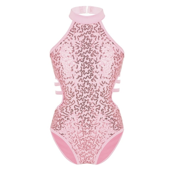 iiniim Kids Girls Tank Sleeveless Halter Sequins Cutouts Back Gymnastics Dance Ballet Bodysuit Dancewear