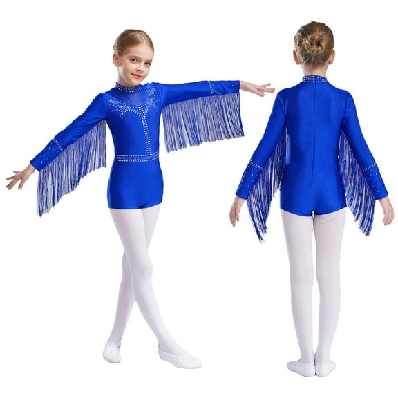 iiniim Kids Girls Tassels Sparkly Rhinestones Latin Dance Leotard Jazz Stage Performance Fringe Bodysuit Blue 14