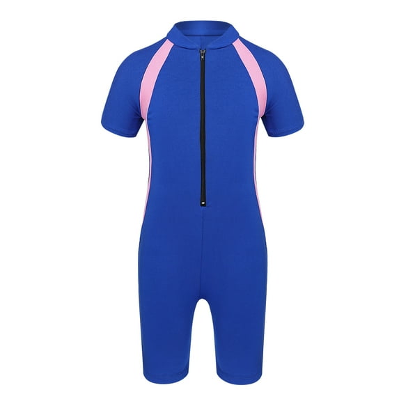 iiniim Kids Girls Thermal Swimsuit Rash Guards Shorty Wetsuit Short Sleeve Zipper Sun Protection Bathing Suit Blue 8-10