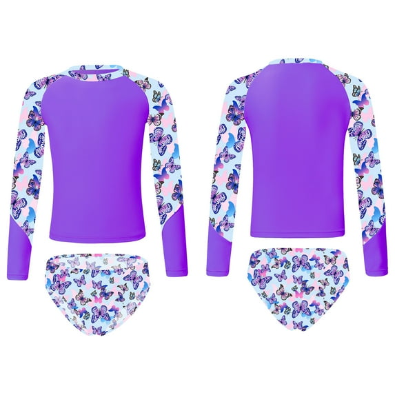 iiniim Kids Girls Tropical Swimsuit Two Pieces Long Sleeve Rashguard Set Summer Swimwear Bathing Suit 6-16 A Purple 14