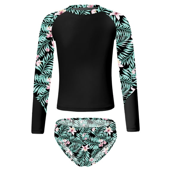 iiniim Kids Girls Tropical Swimsuit Two Pieces Long Sleeve Rashguard Set Summer Swimwear Bathing Suit 6-16 Black 6