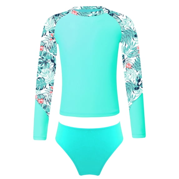 iiniim Kids Girls Tropical Swimsuit Two Pieces Long Sleeve Rashguard Set Summer Swimwear Bathing Suit 6-16 Lake Green 6
