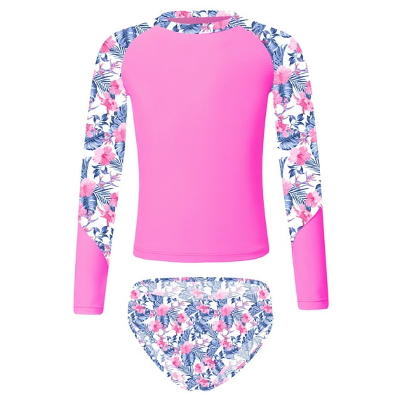 iiniim Kids Girls Tropical Swimsuit Two Pieces Long Sleeve Rashguard Set Summer Swimwear Bathing Suit 6-16 Pink 14