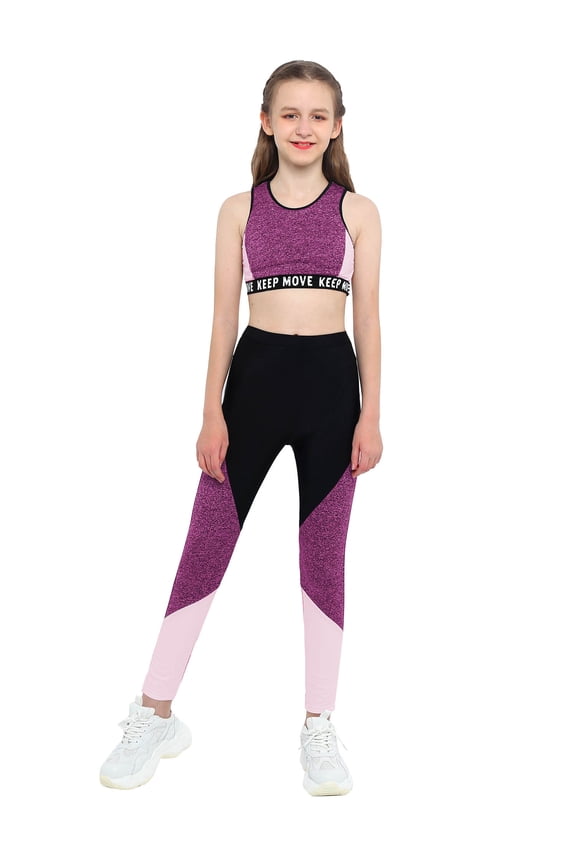 Kids Girls Two Piece Dance Outfit Tracksuit Crop Top with Athletic Legging Pants for Gym Sport Workout