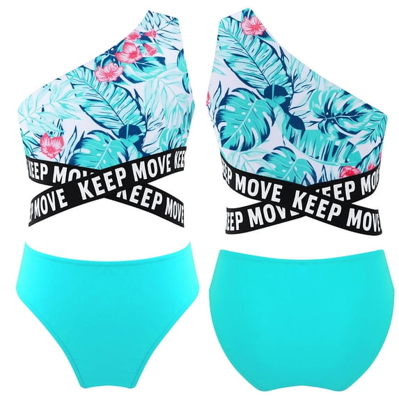 iiniim Kids Girls Two Piece Swimsuits Bathing Suit Sun Protective Swimwear Hawaii Tankini Set Size 4-16 Green Palm Leaf 14