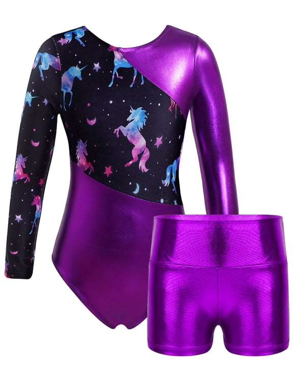 Kids Girls Two Piece Unitard Leotard Long Sleeve Bodysuit Pattern Patchwork Dancewear
