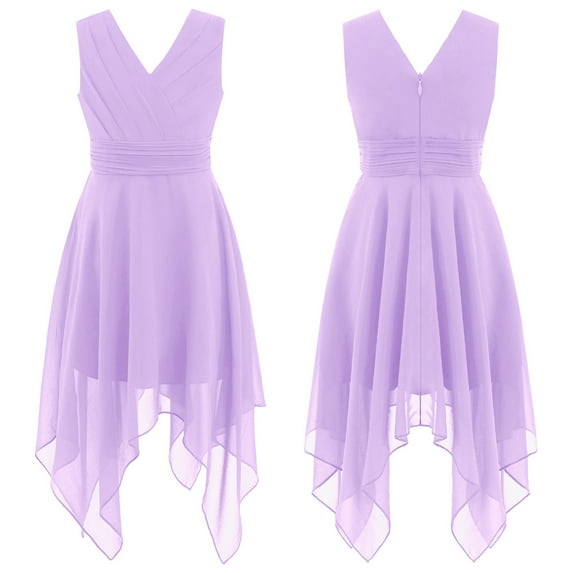 iiniim Kids Girls V Neck Sleeveless Princess Asymmetric High-Low Pleated Dress