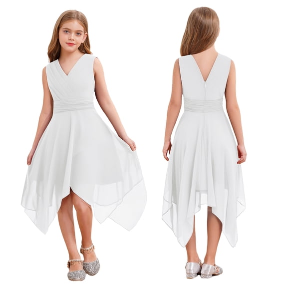 iiniim Girls V Neck Sleeveless Princess Asymmetric High-Low Pleated Dress White 14