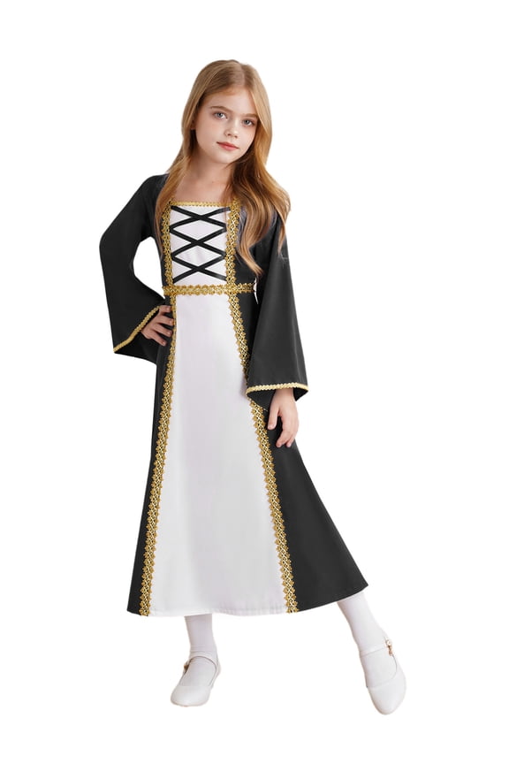 Kids Girls Victorian Queen Robe Gown Bell Long Sleeve Maxi Dress Party Black 16