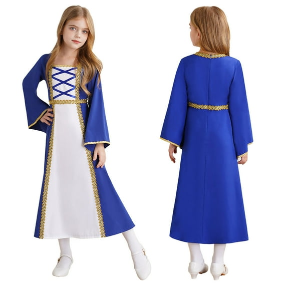 iiniim Kids Girls Victorian Queen Robe Gown Bell Long Sleeve Maxi Dress Party Royal Blue 12