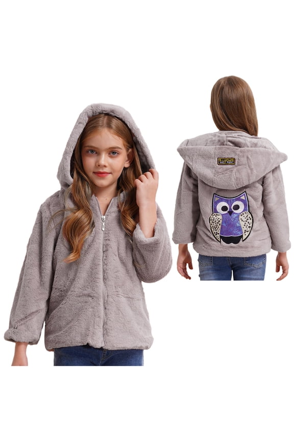 Kids Girls Winter Warm Coats Faux Fur Owl Applique Long Sleeve Zippered Hooded Fleece Jacket Grey 10