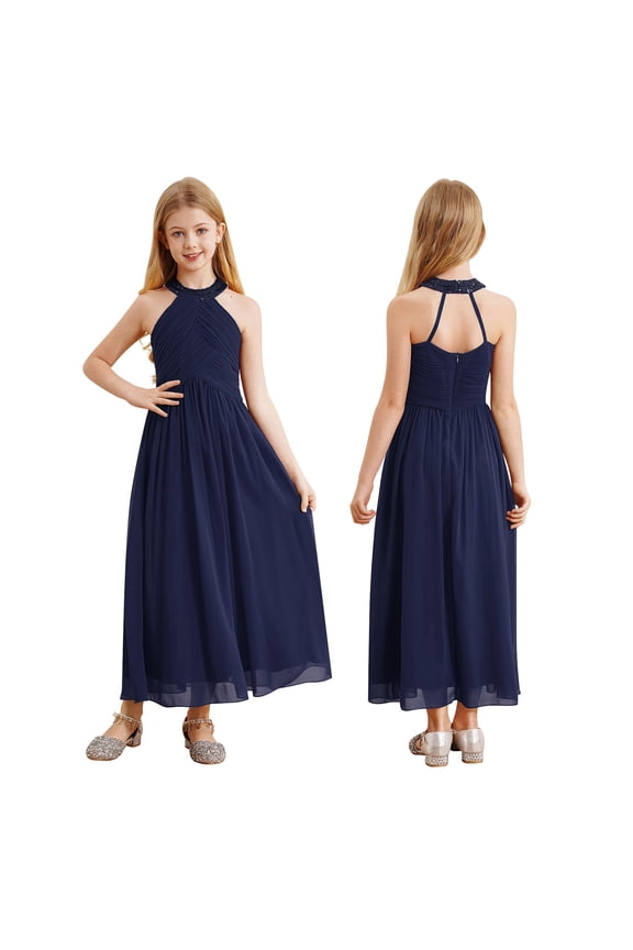 Kids Halter Neck Flower Girl Dress Ruched Junior Bridesmaid Wedding Party Chiffon Maxi Long Gown A Navy Blue 8