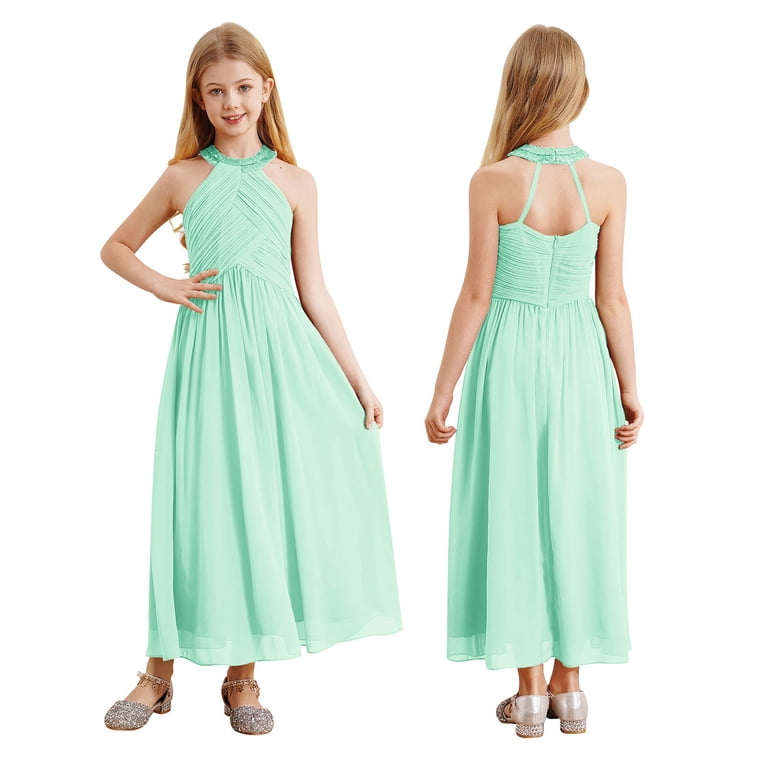 Iiniim Kids Halter Neck Flower Girl Dress Ruched Junior Bridesmaid Wedding Party Chiffon Maxi Long Gown Mint Green 16