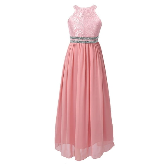 iiniim Kids Lace Floral Flower Girls Dress Sequins Halter Chiffon Dress Long Maxi Junior Bridesmaid Gown Pink 8