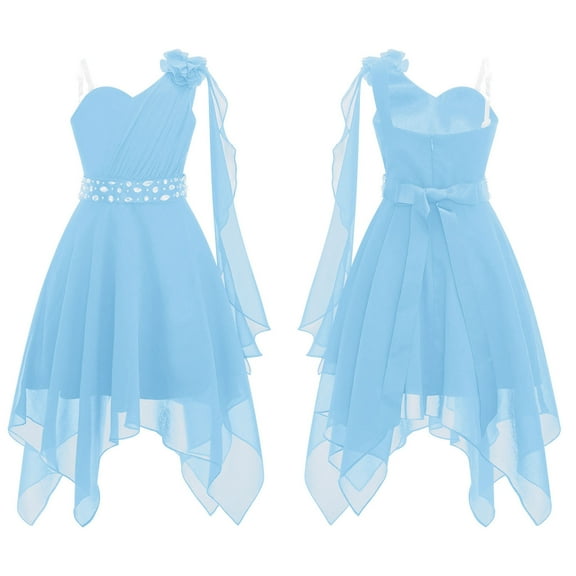iiniim Kids One Shoulder 3D Applique Chiffon Prom Party Wedding Flower Girls High Low Dress Light Blue 6
