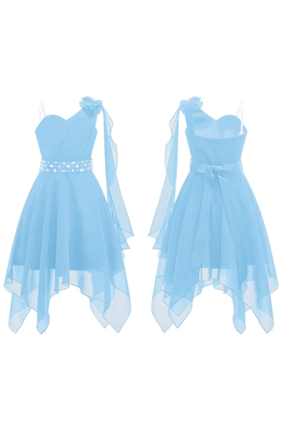 Kids One Shoulder 3D Applique Chiffon Prom Party Wedding Flower Girls High Low Dress Light Blue 8