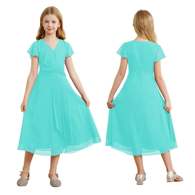 iiniim Kids Sparkly Rhinestone Flower Girl V Neck Cap Sleeve Ruched