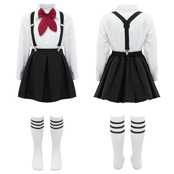 iiniim Kids Teen School Girls Bowknot Cute Skirts Layered Ruffle Suspender Skirt and Socks 3-16 A Type A Black 5-6
