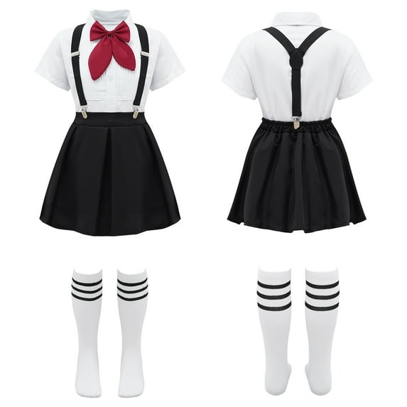 iiniim Kids Teen School Girls Bowknot Cute Skirts Layered Ruffle Suspender Skirt and Socks 3-16 Type B Black 11-12