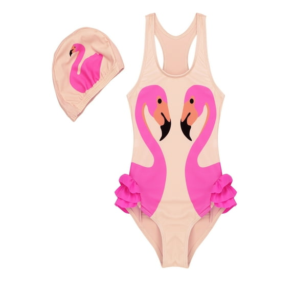 iiniim Kids Toddler Girls One Piece 3D Swan Flamingo Swimsuit Ruffle Bikini Swimwear Bathing Suit with Swim Cap