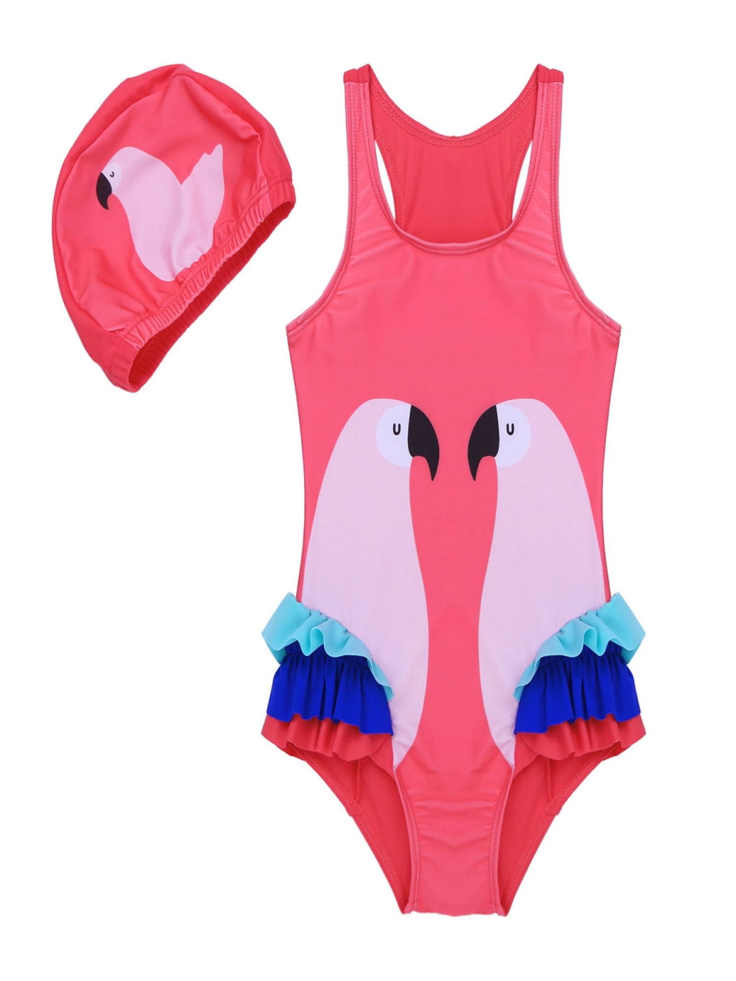 Girls Swan Side Ruffle One Piece Swimsuit