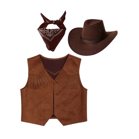 iiniim Kids Western Cowboy Open Front Vest with Bandanna Hat Carnival Party Fancy Dress Up Brown 6