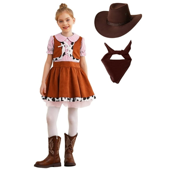 iiniim Kids Western Performance Outfit 3 PC Plaid Princess Dress Cowgirl Hat Bandana Set Pink 6
