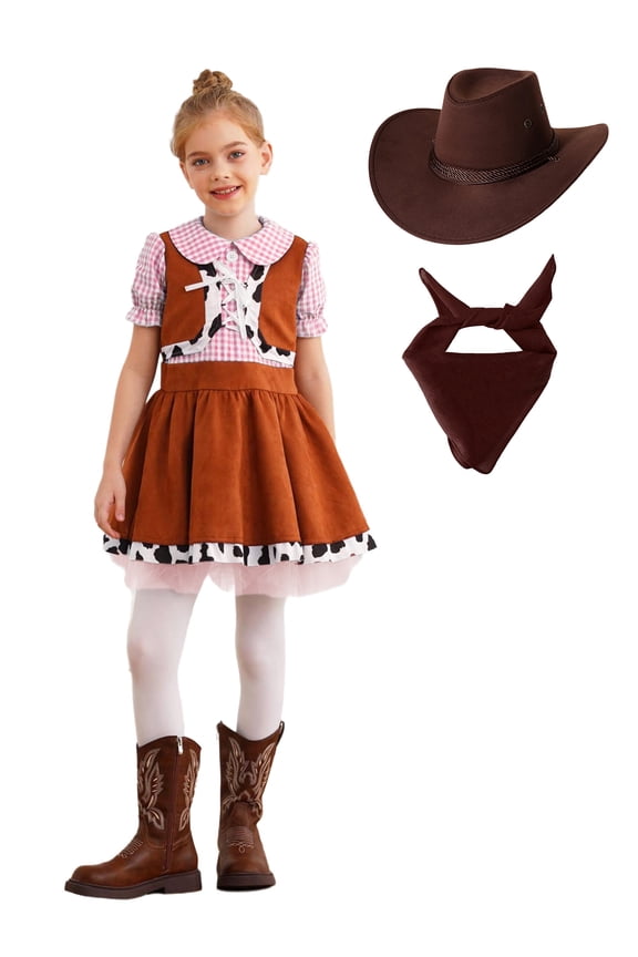 Kids Western Performance Outfit 3 PC Plaid Princess Dress Cowgirl Hat Bandana Set Pink 6