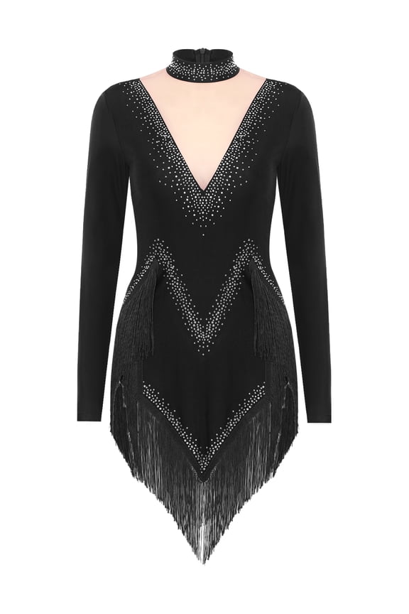 Ladies Rumba Samba Latin Dress Sparkly Rhinestone Modern Waltz Jazz Dance Costume Black M