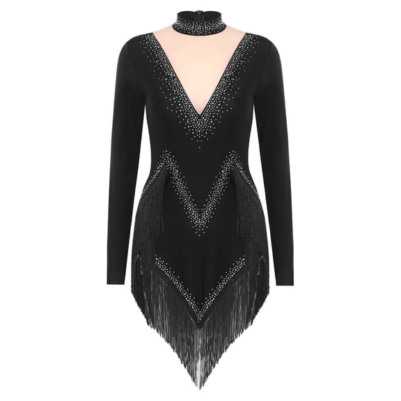 iiniim Ladies Rumba Samba Latin Dress Sparkly Rhinestone Modern Waltz Jazz Dance Costume Black XXL