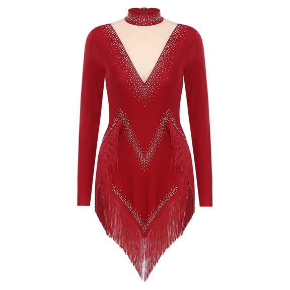 iiniim Ladies Rumba Samba Latin Dress Sparkly Rhinestone Modern Waltz Jazz Dance Costume Burgundy M