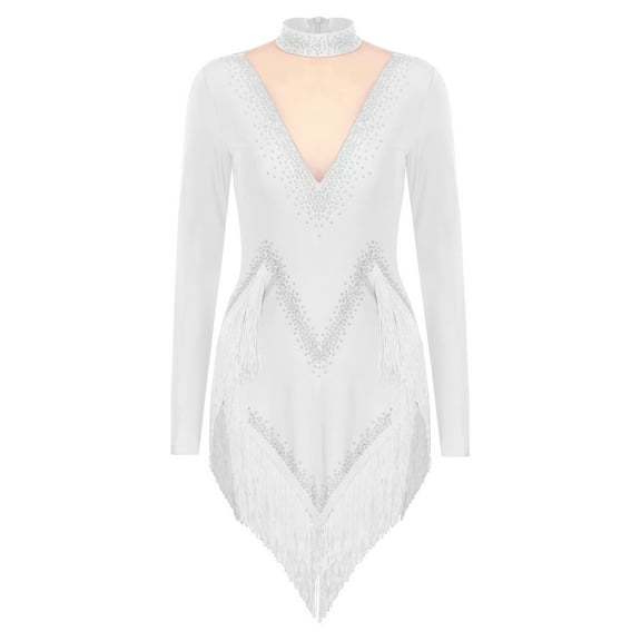 iiniim Ladies Rumba Samba Latin Dress Sparkly Rhinestone Modern Waltz Jazz Dance Costume White L