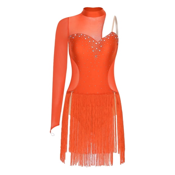 iiniim Latin Dance Dress Women Rumba Chacha Tango Single Sleeves Performance Clothing Latin Skirt Orange L