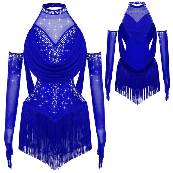 iiniim Latin Dance Dress for Girls Sparkly Tassel Fringe Skirt with Gloves Ballroom Salsa Tango Lyrical Blue 8
