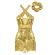 iiniim Latin Dance Leotard With Headwear Tango Rumba Cha Cha Dancewear Cheerleading Dance Uniform For Women Gold M