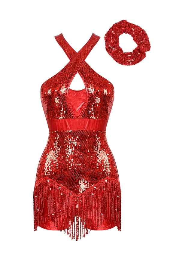 Latin Dance Leotard With Headwear Tango Rumba Cha Cha Dancewear Cheerleading Dance Uniform For Women Red XL