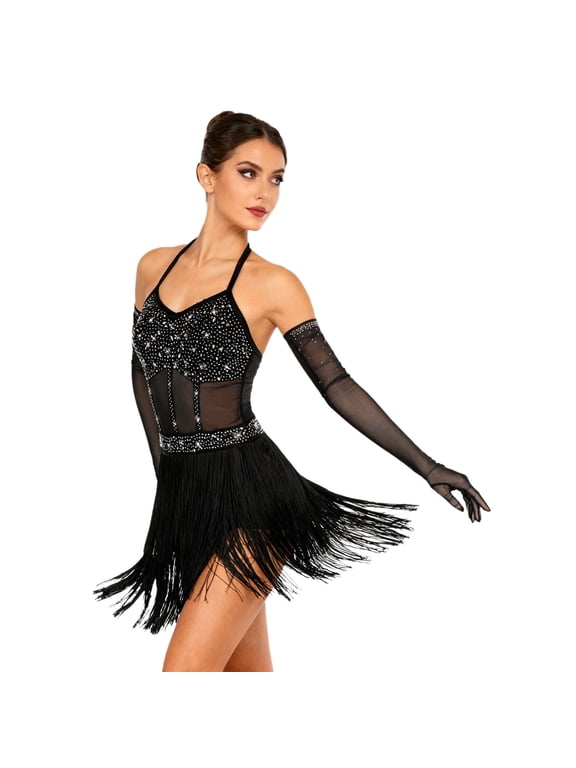 Latin Dance Costume for Women Salsa Jazz Dance Top Bodysuit Sleeveless Fringe Leotard with Gloves Black S