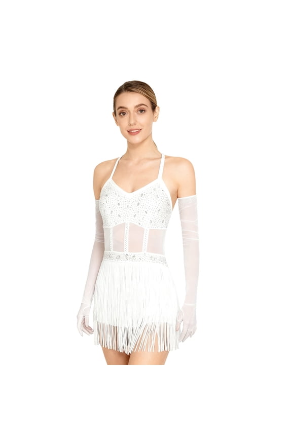 Latin Dance Costume for Women Salsa Jazz Dance Top Bodysuit Sleeveless Fringe Leotard with Gloves White XXL
