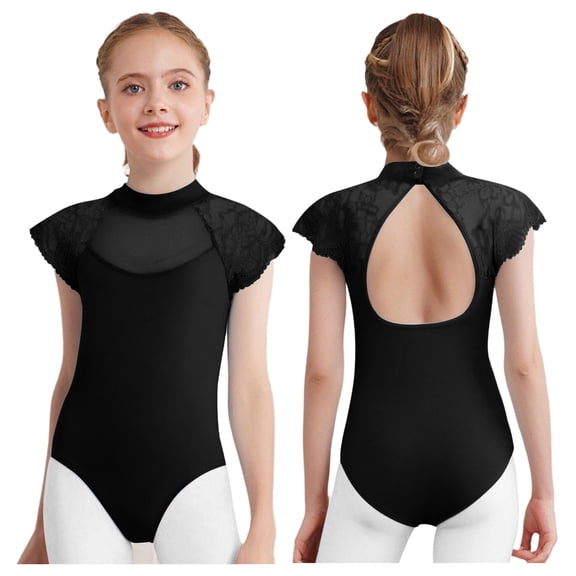 iiniim Leotard for Girls Lace Sleeves Ballet Dance Bodysuit Classic Practice Clothes Training Activewear Black 110