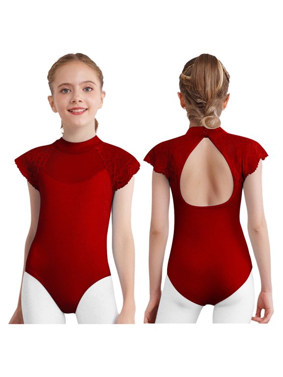 Leotard for Girls Lace Sleeves Ballet Dance Bodysuit Classic Practice Clothes Training Activewear Burgundy 160
