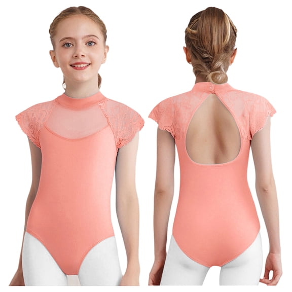 iiniim Leotard for Girls Lace Sleeves Ballet Dance Bodysuit Classic Practice Clothes Training Activewear Coral Pink 120