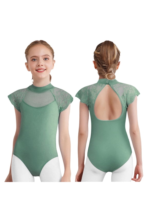Leotard for Girls Lace Sleeves Ballet Dance Bodysuit Classic Practice Clothes Training Activewear Green 150