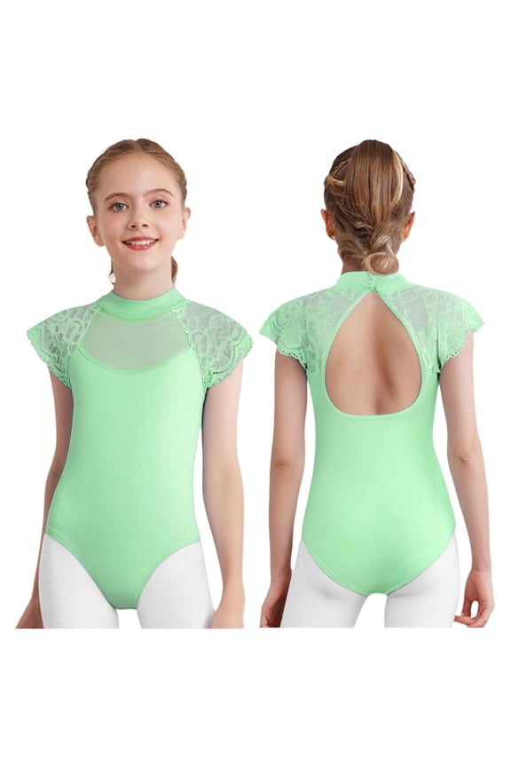 Leotard for Girls Lace Sleeves Ballet Dance Bodysuit Classic Practice Clothes Training Activewear Light Green 160
