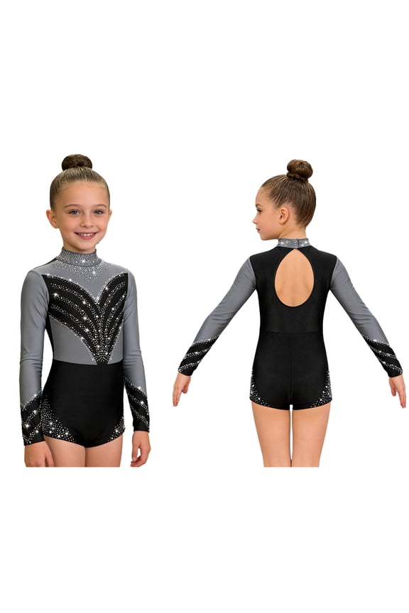 Leotards for Girls Gymnastics Long Sleeve Zipper Back Biketard Unitard Jumpsuit 6-16 Silver Grey 10