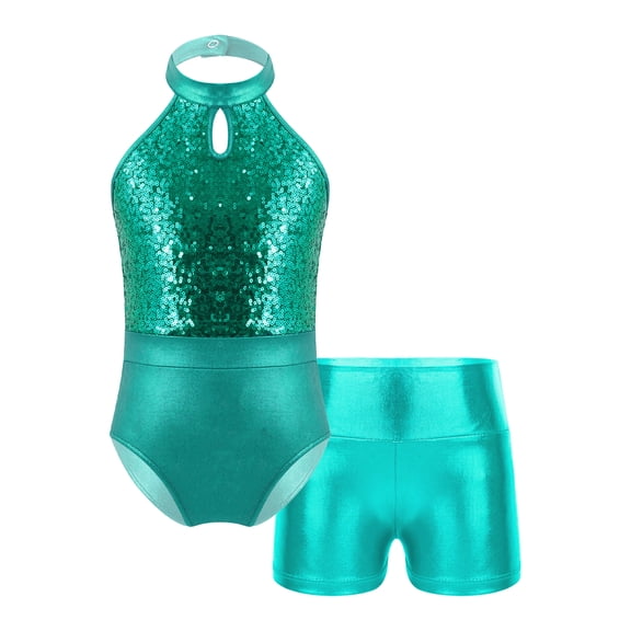 iiniim Leotards for Girls Gymnastics with Shorts 2Pcs Gymnastics Unitard Fitness Bodysuit Jumpsuit Lake Green 12