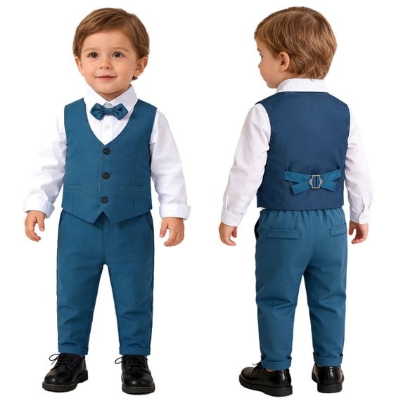 iiniim Little Boys Baby Gentleman Suit Pointed Hem Vest Bowtie Wedding Party Long Sleeves Shirt Pants Clothing Set Blue 12-18 Months