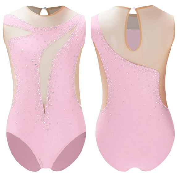 iiniim Little Girls' Athletic Dance Bodysuit Tank Top Shiny Rhinestone Biketards One Piece Activewear Pink 8