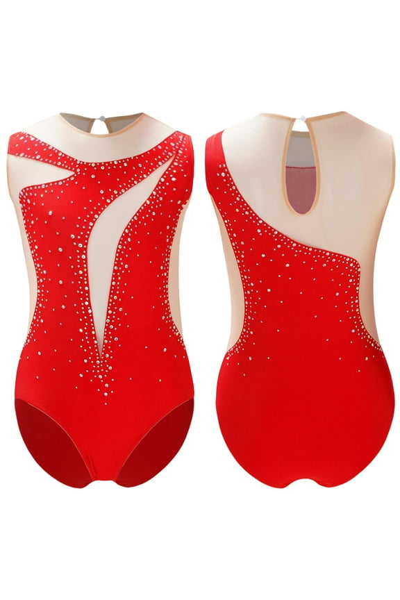 Little Girls' Athletic Dance Bodysuit Tank Top Shiny Rhinestone Biketards One Piece Activewear Red 6