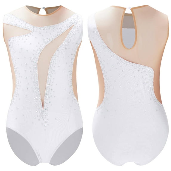 iiniim Little Girls' Athletic Dance Bodysuit Tank Top Shiny Rhinestone Biketards One Piece Activewear White 8